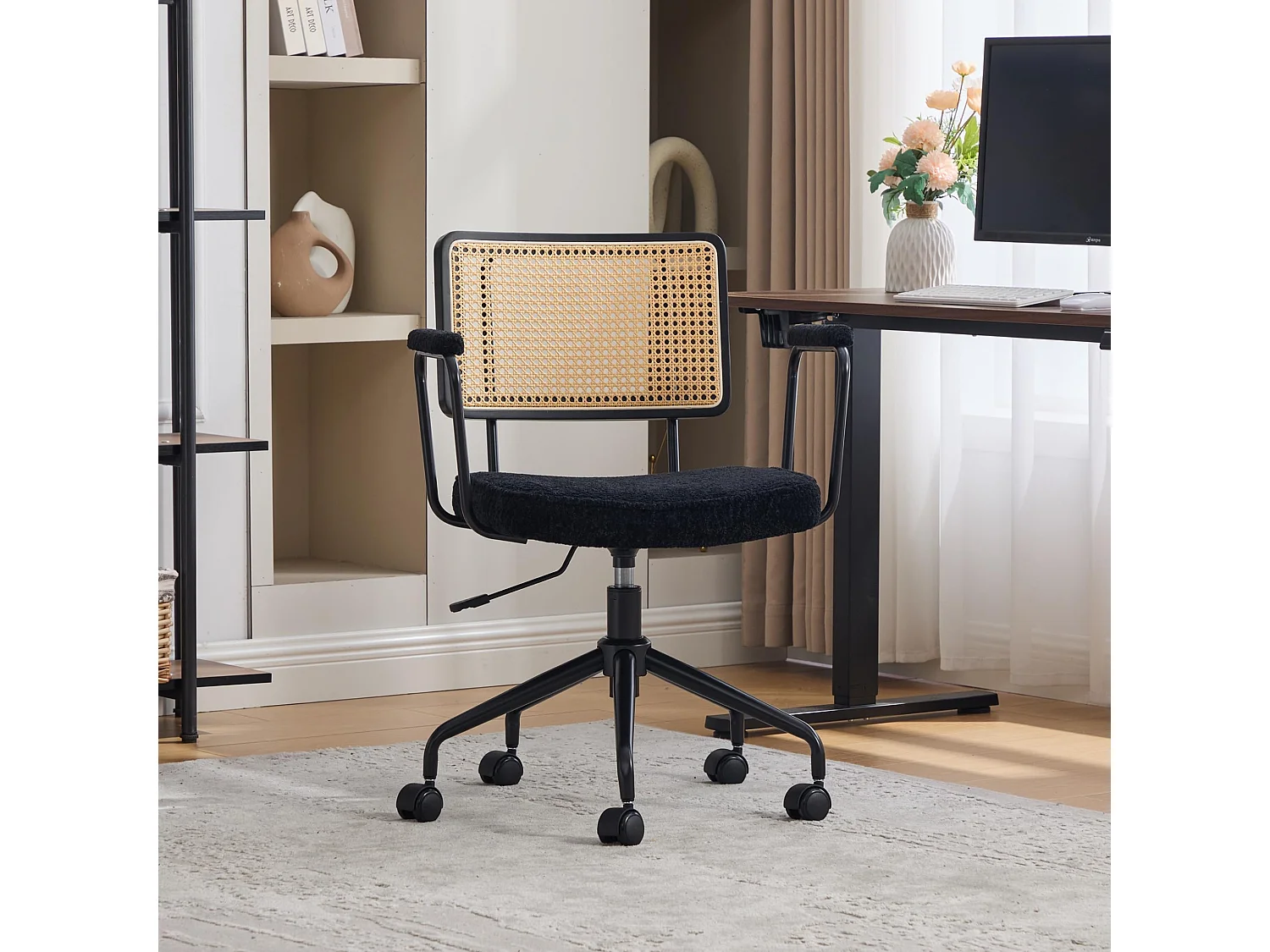 Bürostuhl mit Rattan-Rückenlehne, Höhenverstellbarer Drehstuhl mit Polstersitz, Metallgestell Schreibtischstuhl mit Rollen, für Home Office