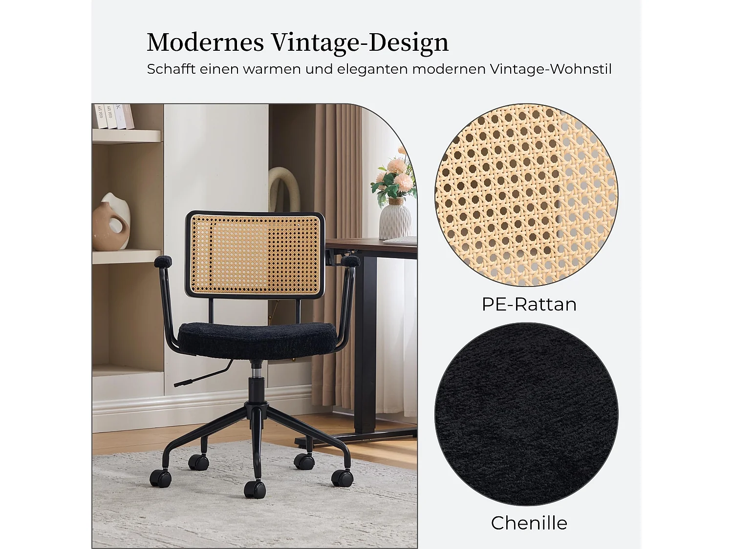 Bürostuhl mit Rattan-Rückenlehne, Höhenverstellbarer Drehstuhl mit Polstersitz, Metallgestell Schreibtischstuhl mit Rollen, für Home Office