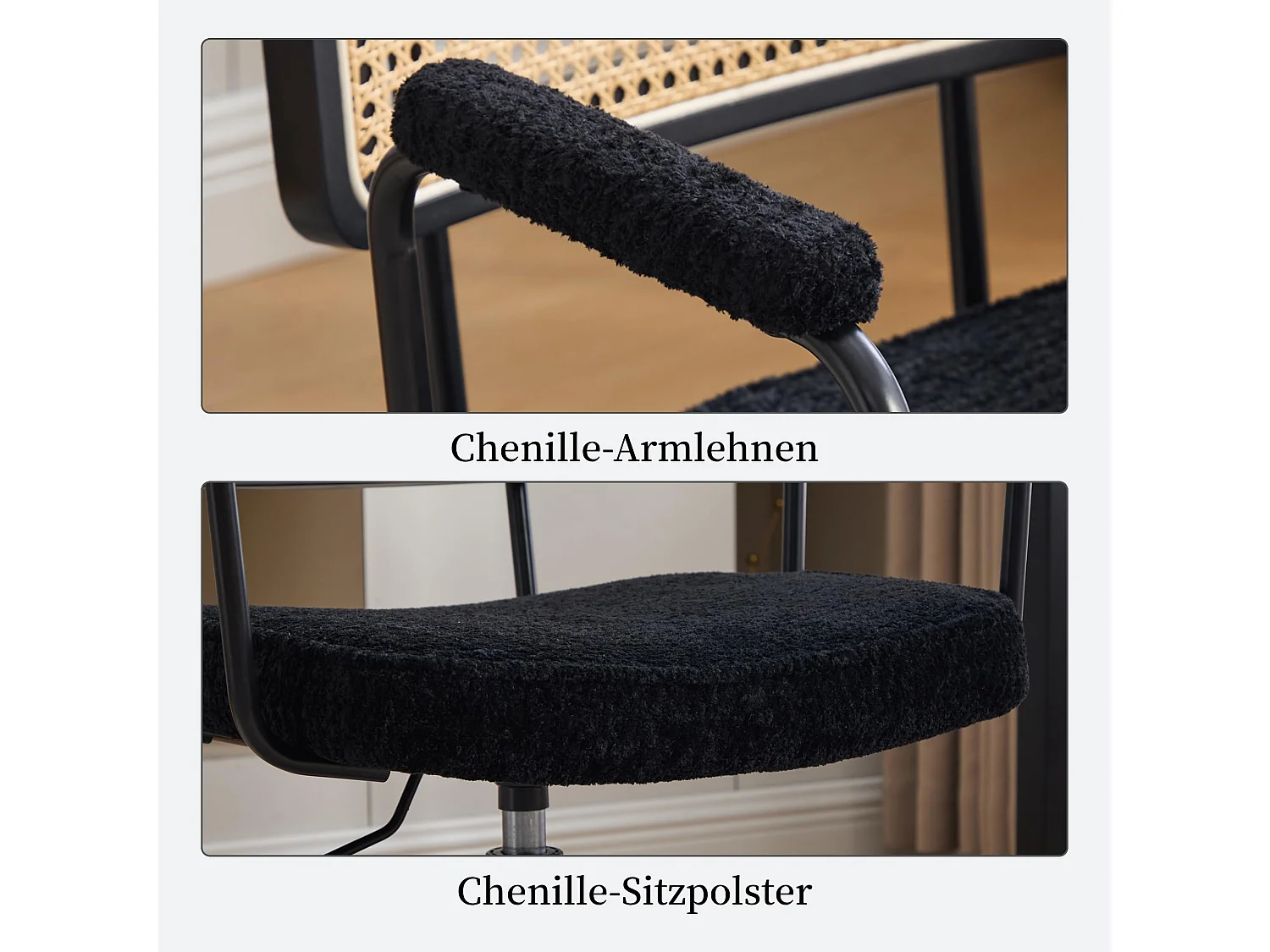 Bürostuhl mit Rattan-Rückenlehne, Höhenverstellbarer Drehstuhl mit Polstersitz, Metallgestell Schreibtischstuhl mit Rollen, für Home Office