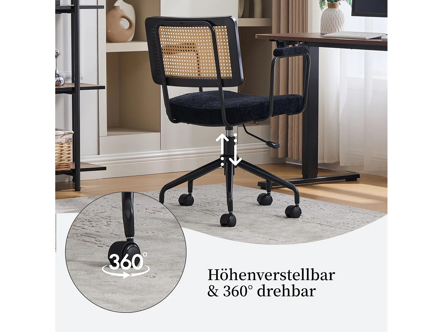 Bürostuhl mit Rattan-Rückenlehne, Höhenverstellbarer Drehstuhl mit Polstersitz, Metallgestell Schreibtischstuhl mit Rollen, für Home Office