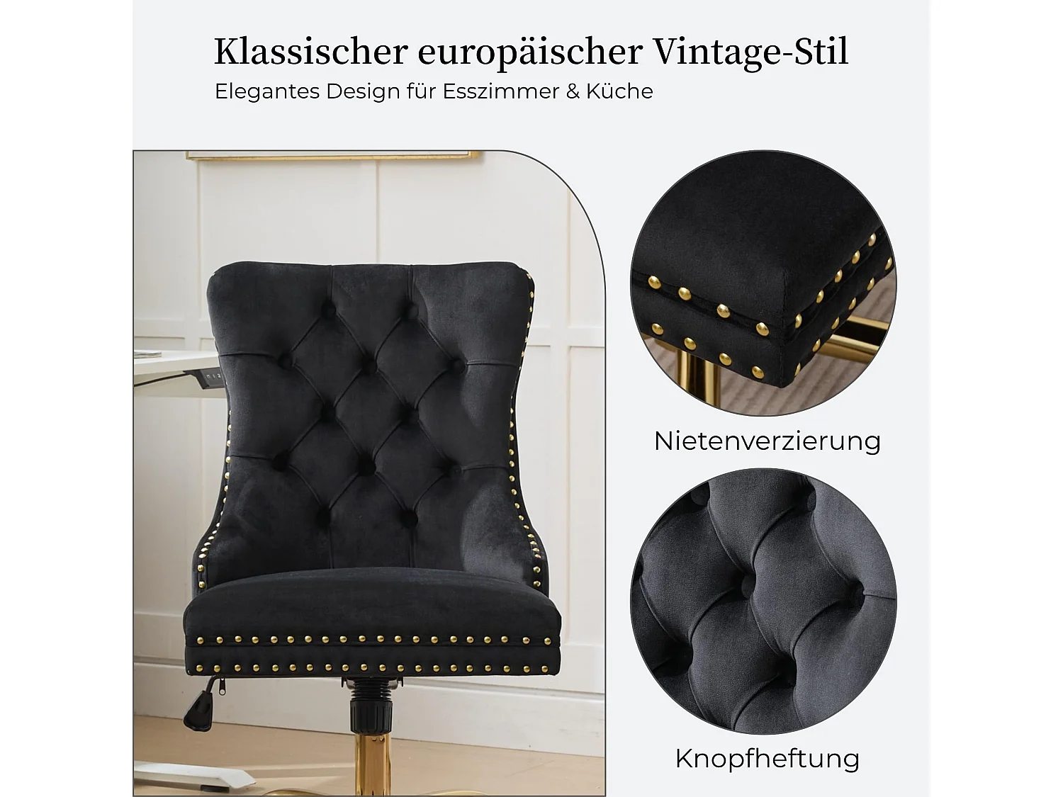 Vintage Samt Bürostuhl mit Flügelrücken, Knopfheftung und Ziernieten