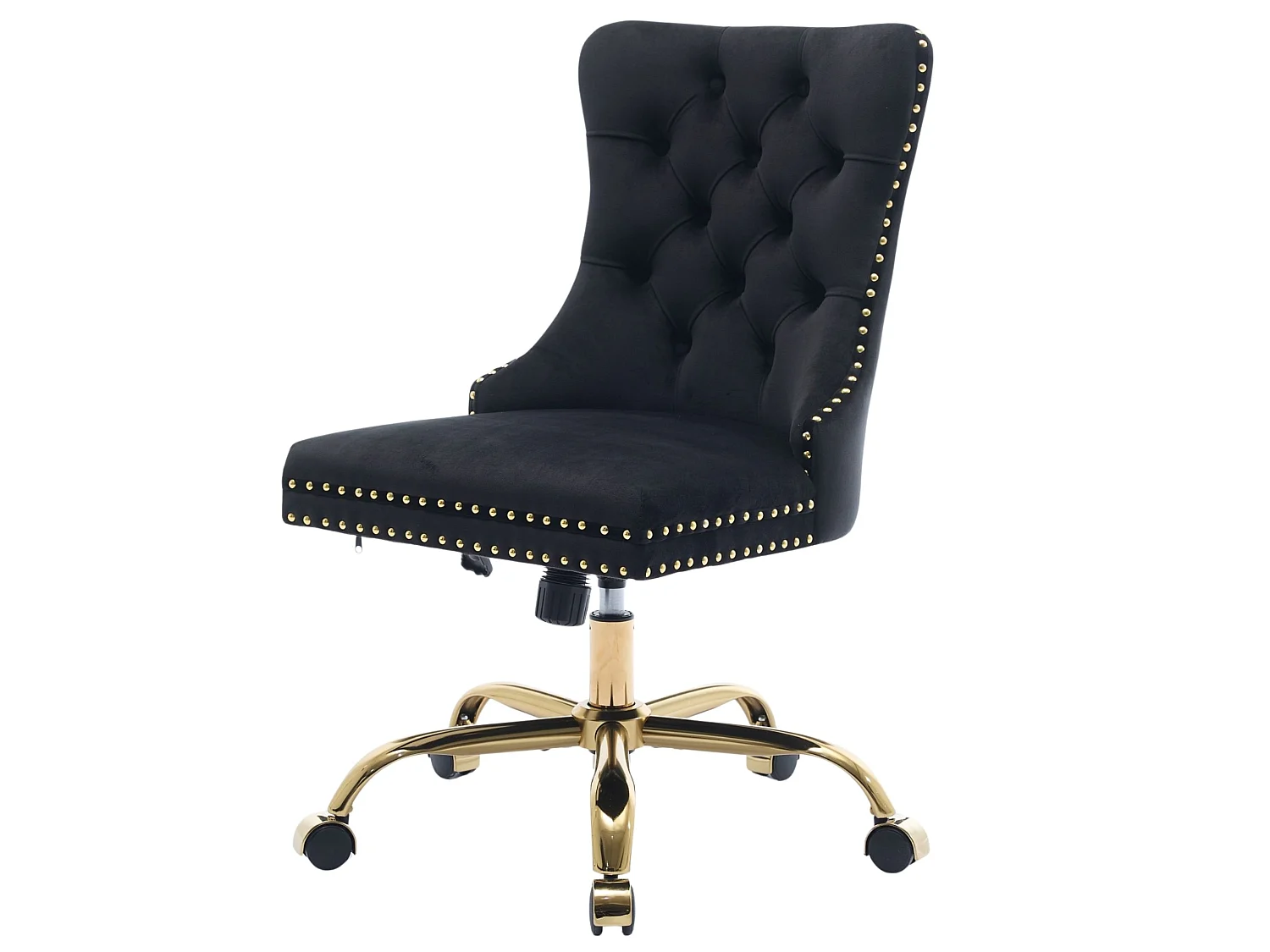 Chaise de bureau vintage en velours avec dossier capitonné et base dorée à roulettes