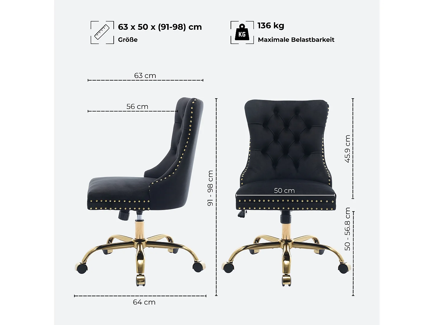Chaise de bureau vintage en velours avec dossier capitonné et base dorée à roulettes