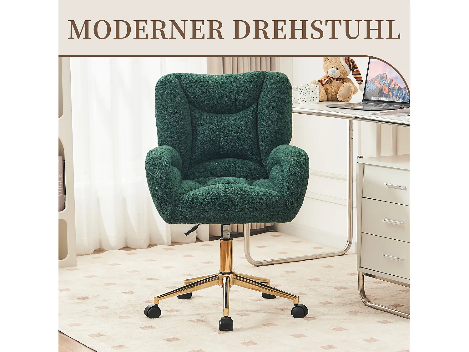 Pluche Teddy Bureaustoel met Hoogteverstelling, Metalen Basis en 360° Draaibare Wielen - Groen
