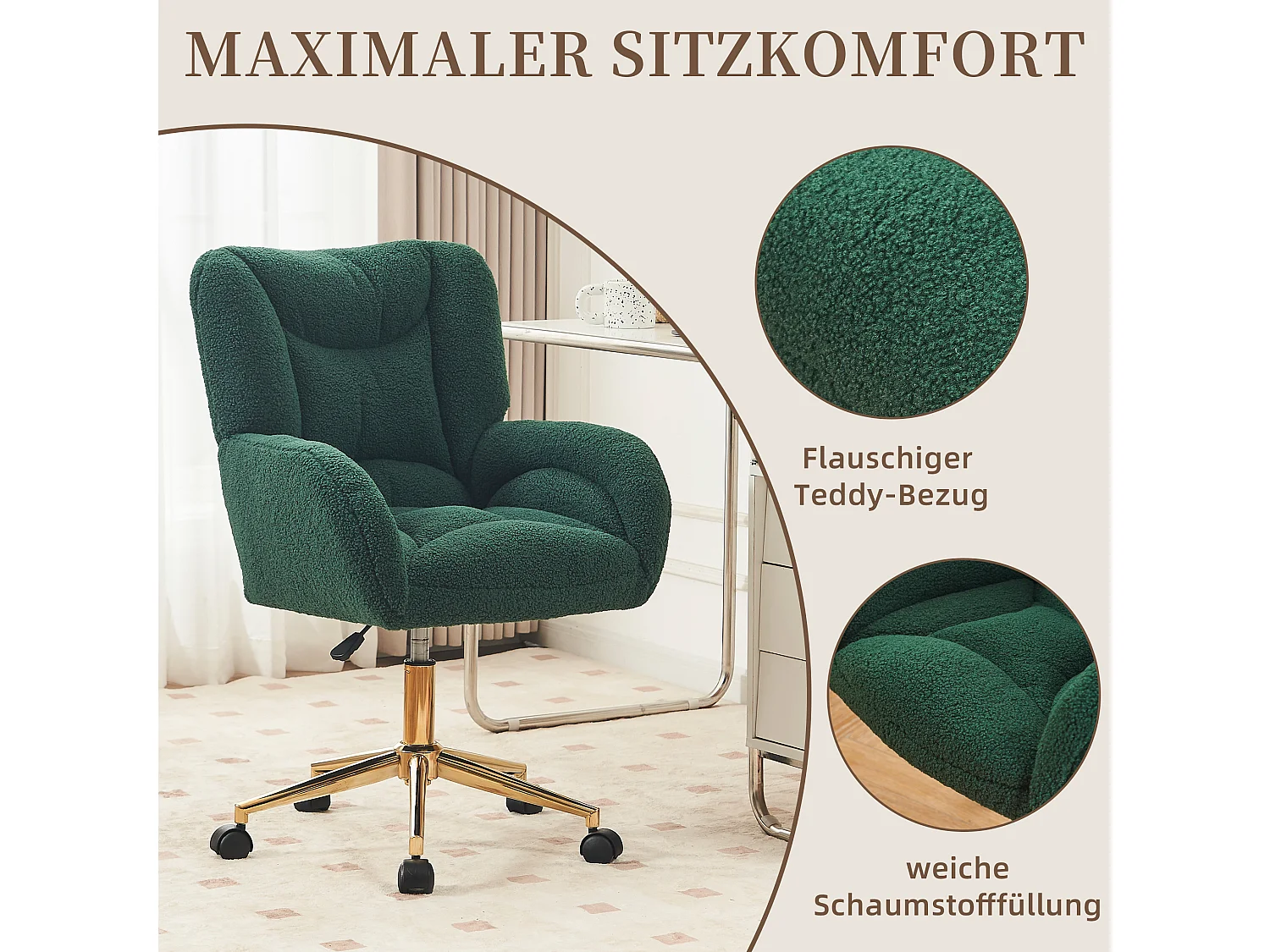 Pluche Teddy Bureaustoel met Hoogteverstelling, Metalen Basis en 360° Draaibare Wielen - Groen