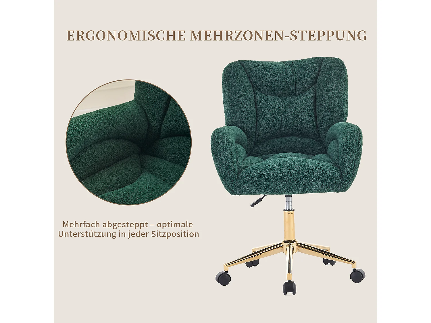 Pluche Teddy Bureaustoel met Hoogteverstelling, Metalen Basis en 360° Draaibare Wielen - Groen