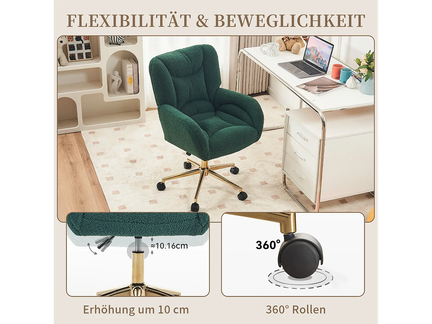 Pluche Teddy Bureaustoel met Hoogteverstelling, Metalen Basis en 360° Draaibare Wielen - Groen