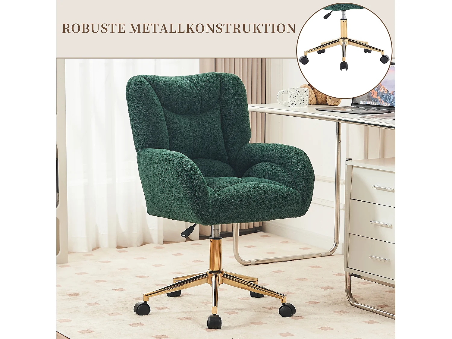 Pluche Teddy Bureaustoel met Hoogteverstelling, Metalen Basis en 360° Draaibare Wielen - Groen