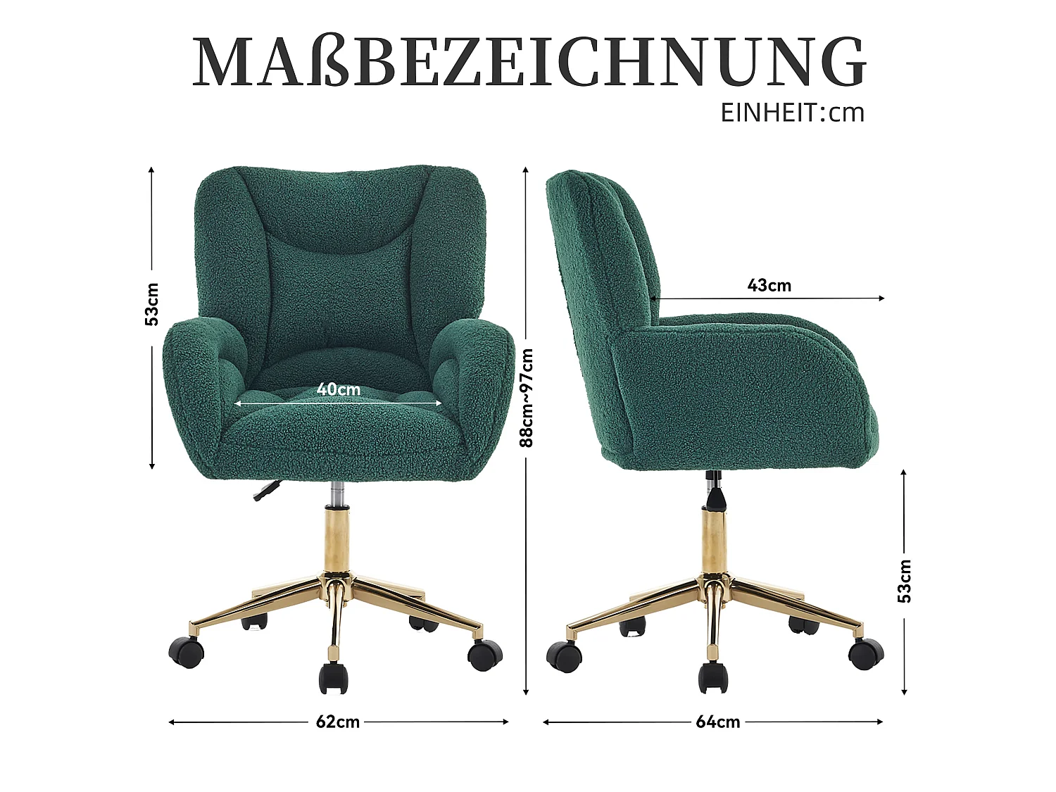 Pluche Teddy Bureaustoel met Hoogteverstelling, Metalen Basis en 360° Draaibare Wielen - Groen