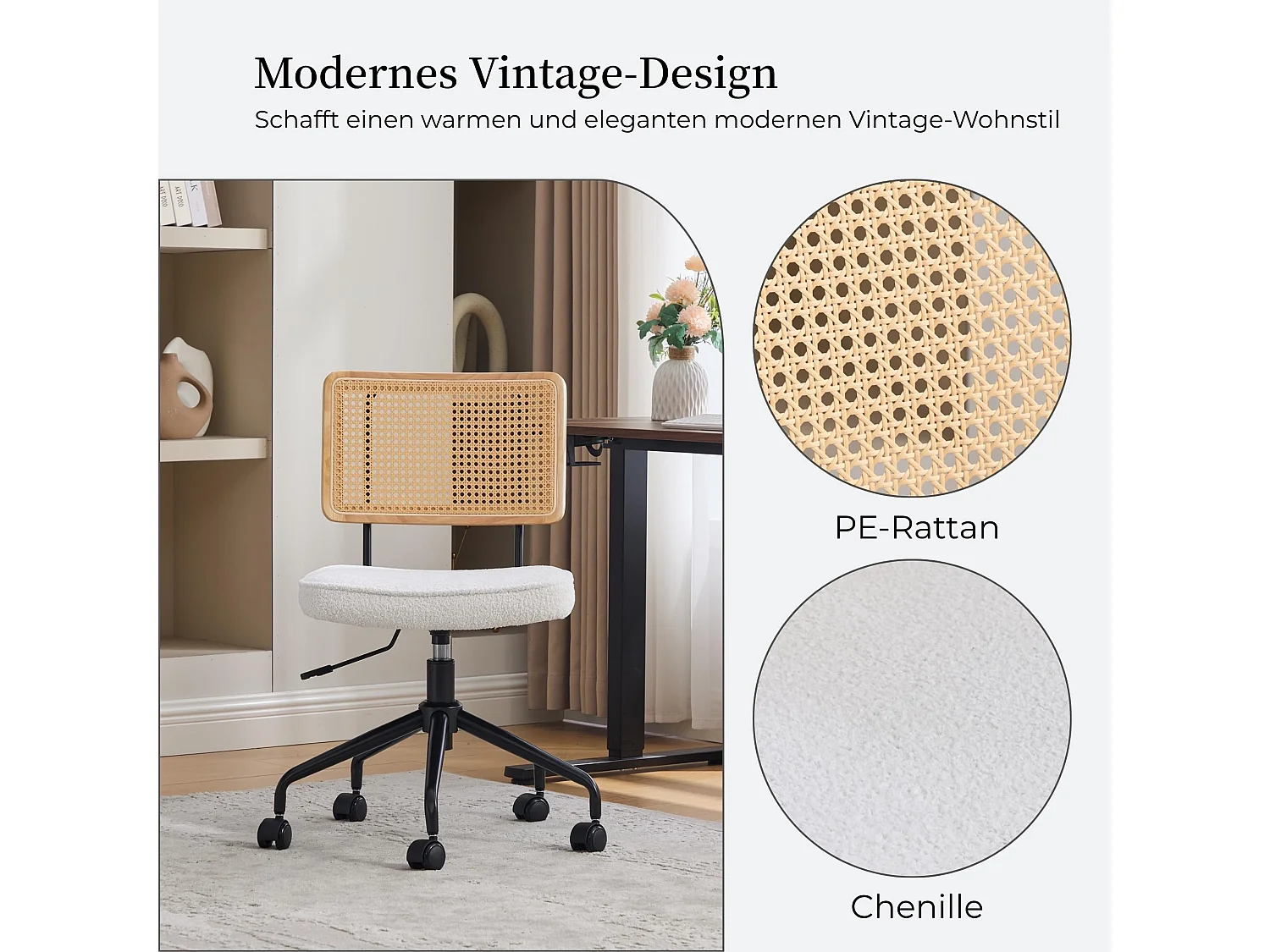 Vintage-Style bureaustoel met rotan rugleuning, chenille zitting, hoogte verstelbaar, 360° draaibaar, metalen frame