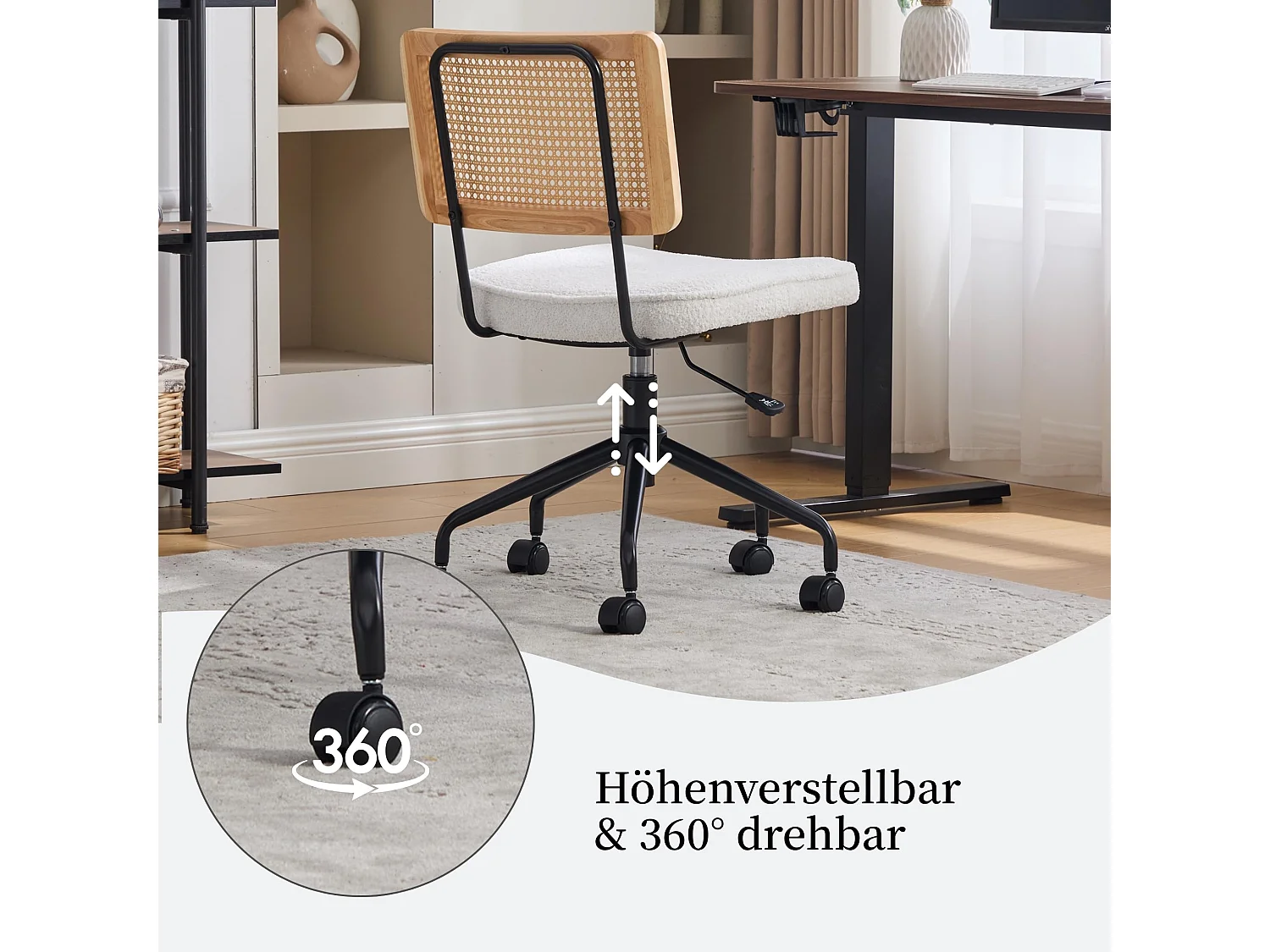 Vintage-Style bureaustoel met rotan rugleuning, chenille zitting, hoogte verstelbaar, 360° draaibaar, metalen frame