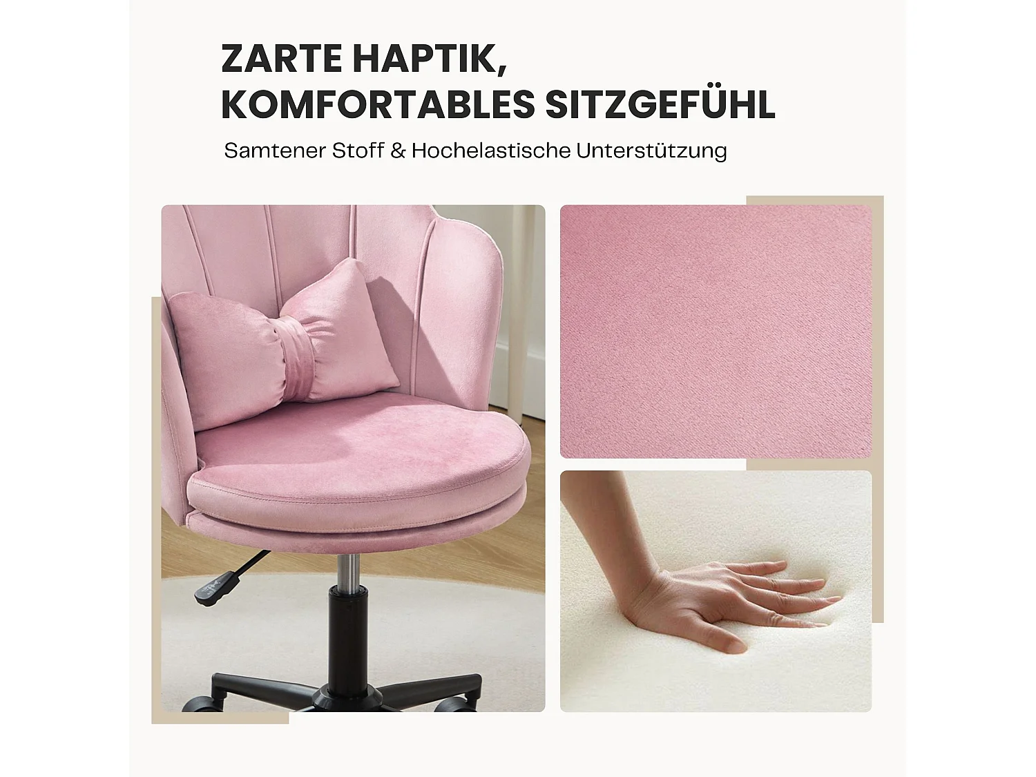 Chaise de bureau en velours rose réglable Capacité 100 kg Support lombaire en forme de papillon & Design élégant en forme de pétales