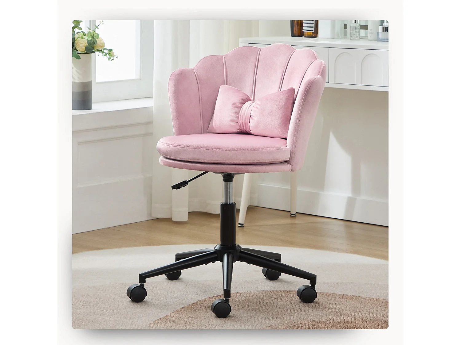 Chaise de bureau en velours rose réglable Capacité 100 kg Support lombaire en forme de papillon & Design élégant en forme de pétales