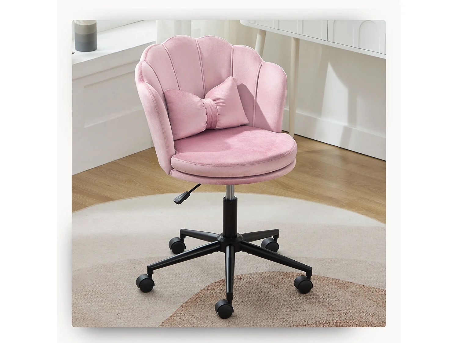 Chaise de bureau en velours rose réglable Capacité 100 kg Support lombaire en forme de papillon & Design élégant en forme de pétales