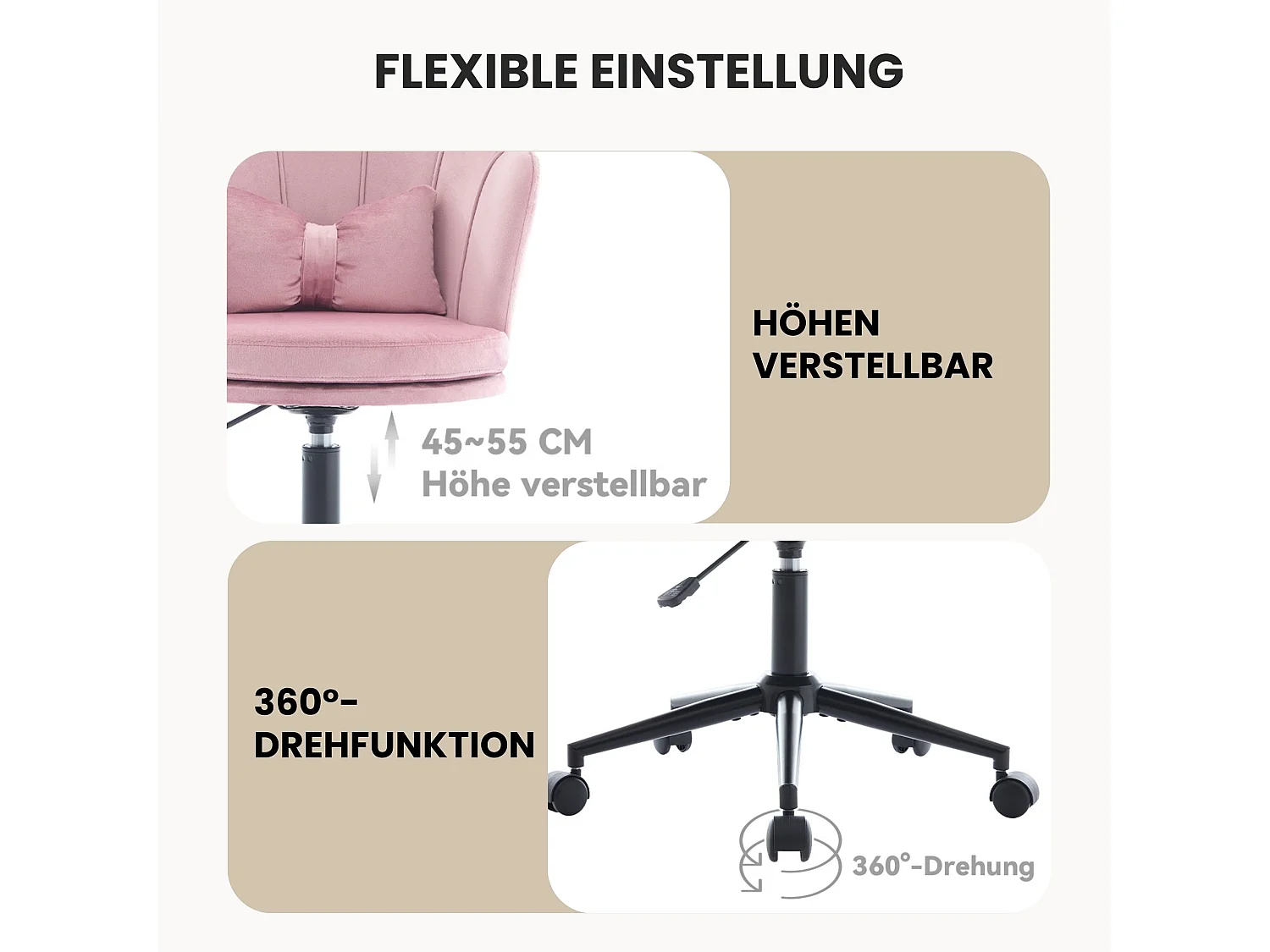 Chaise de bureau en velours rose réglable Capacité 100 kg Support lombaire en forme de papillon & Design élégant en forme de pétales