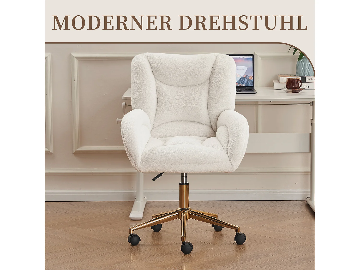 Drehstuhl mit Rollen, Homeoffice Stuhl Höhenverstellbarer Sessel mit Kreuzfüßen, Teddy Schreibtischstuhl mit Metallbasis und Steppdesign