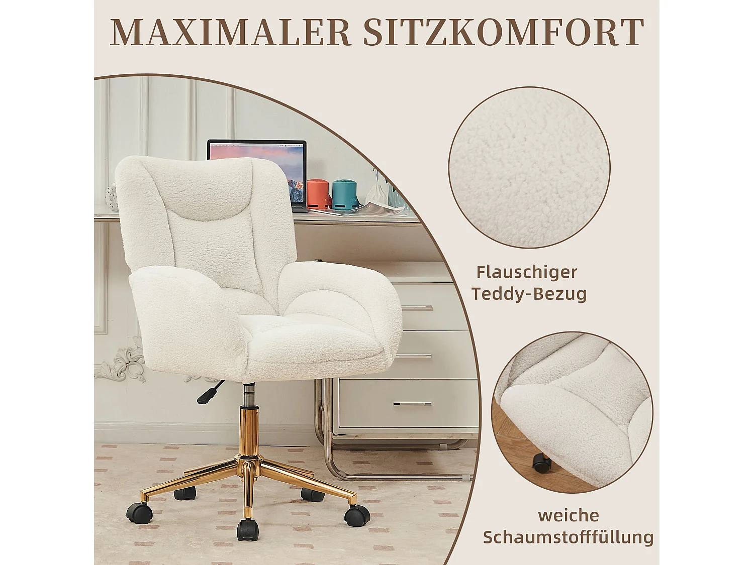 Drehstuhl mit Rollen, Homeoffice Stuhl Höhenverstellbarer Sessel mit Kreuzfüßen, Teddy Schreibtischstuhl mit Metallbasis und Steppdesign