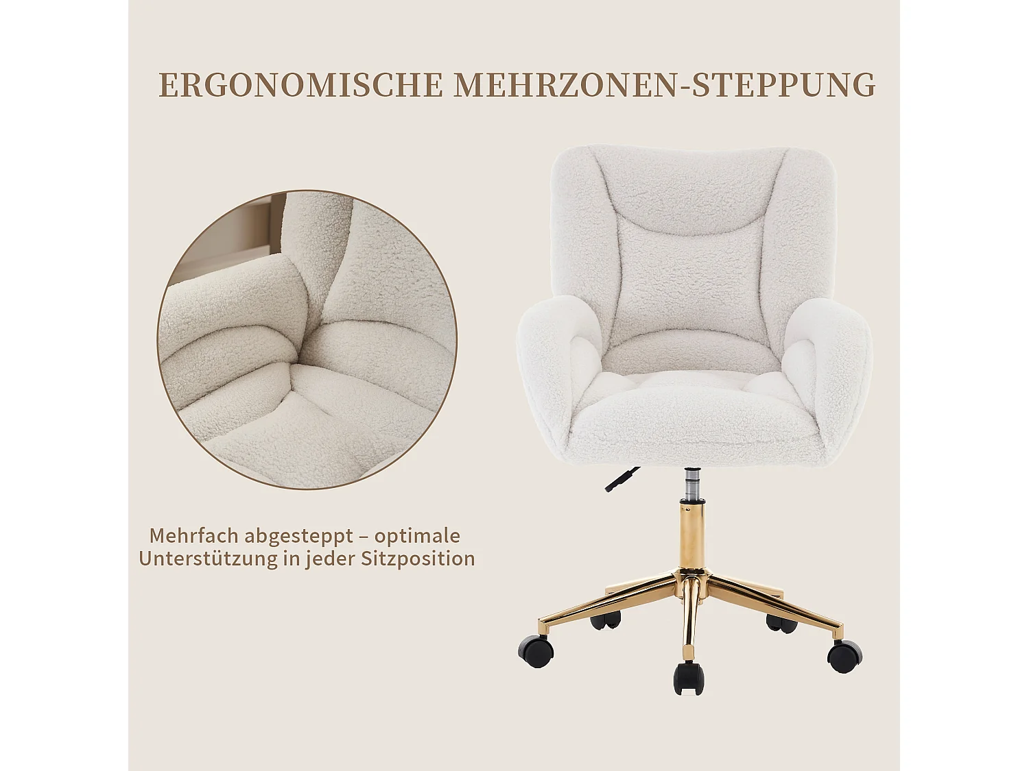 Drehstuhl mit Rollen, Homeoffice Stuhl Höhenverstellbarer Sessel mit Kreuzfüßen, Teddy Schreibtischstuhl mit Metallbasis und Steppdesign