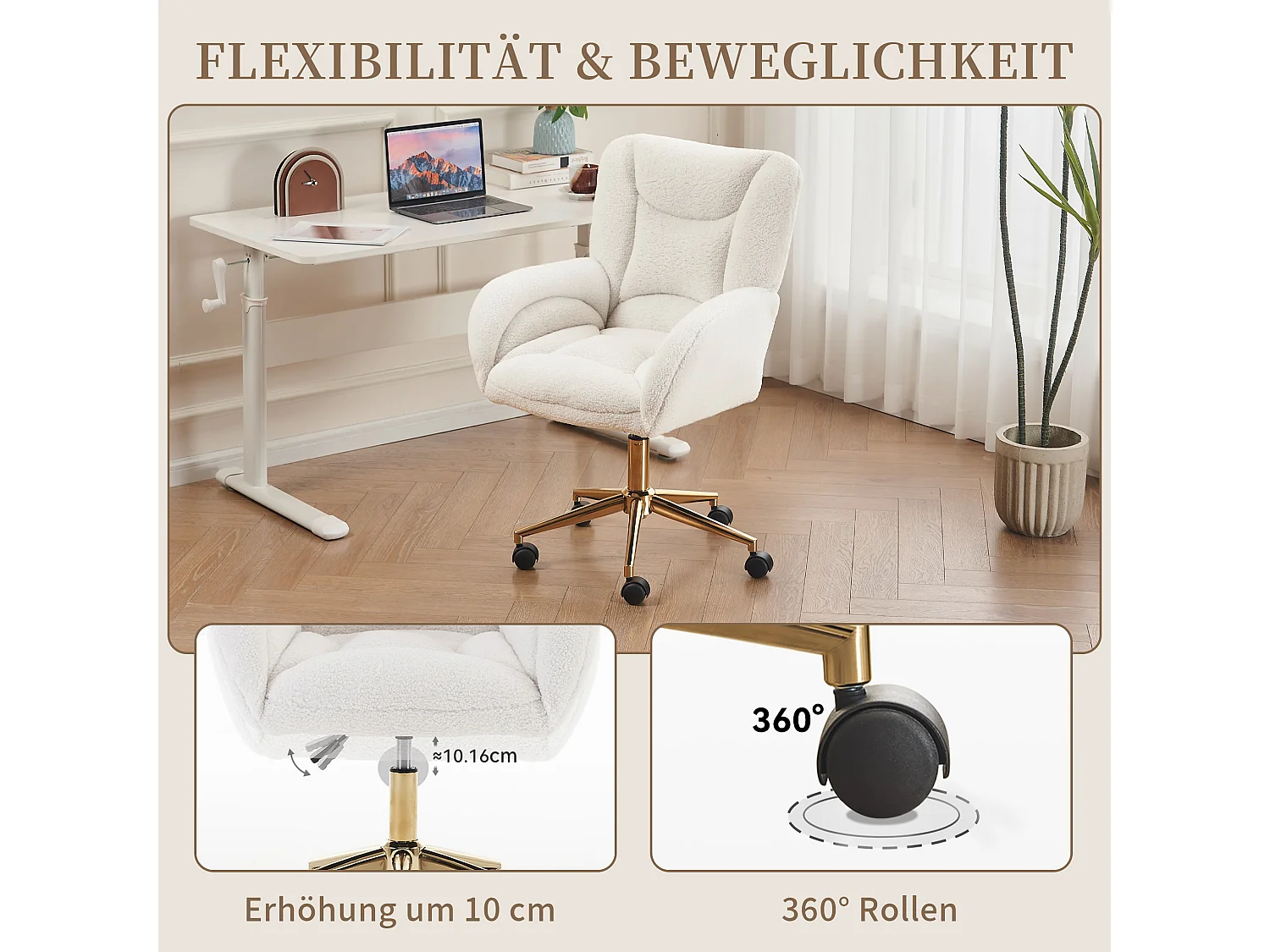 Drehstuhl mit Rollen, Homeoffice Stuhl Höhenverstellbarer Sessel mit Kreuzfüßen, Teddy Schreibtischstuhl mit Metallbasis und Steppdesign