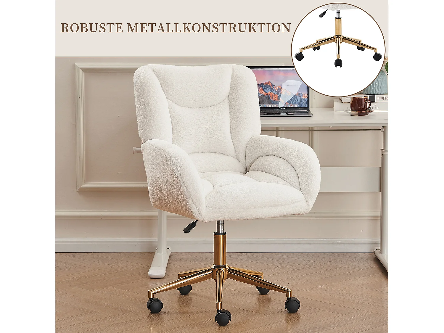 Drehstuhl mit Rollen, Homeoffice Stuhl Höhenverstellbarer Sessel mit Kreuzfüßen, Teddy Schreibtischstuhl mit Metallbasis und Steppdesign