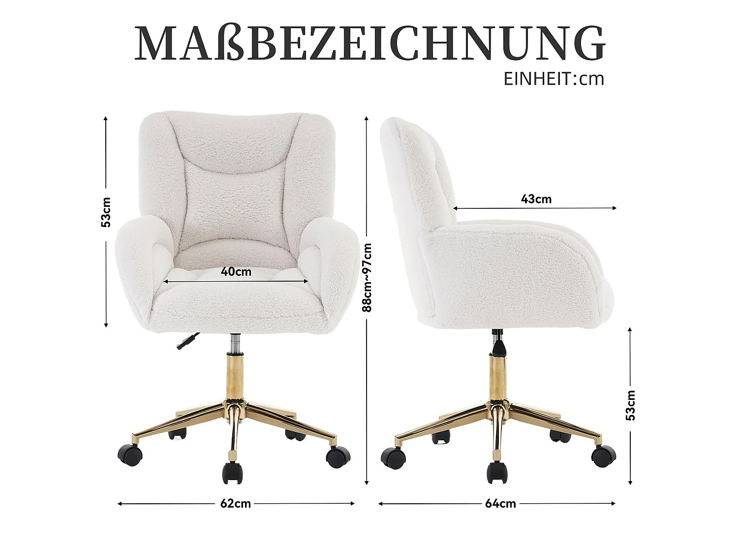 Drehstuhl mit Rollen, Homeoffice Stuhl Höhenverstellbarer Sessel mit Kreuzfüßen, Teddy Schreibtischstuhl mit Metallbasis und Steppdesign