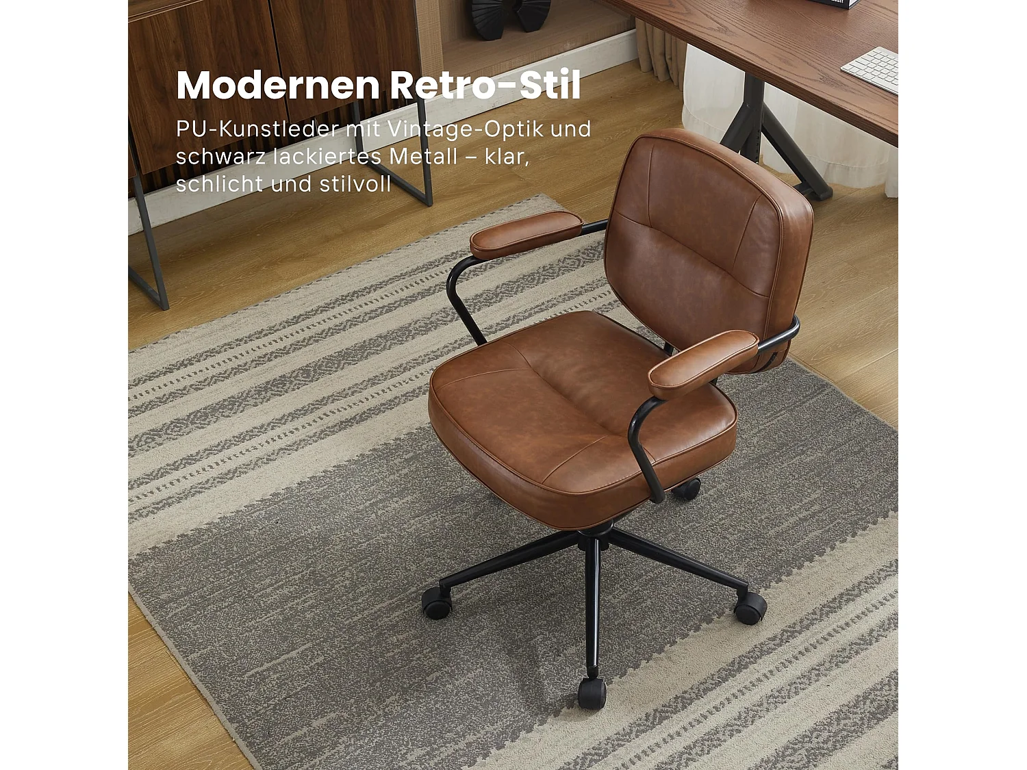 Chaise de bureau en simili cuir vintage marron, fauteuil de bureau pivotant avec fonction basculante, style industriel rétro pour le télétravail