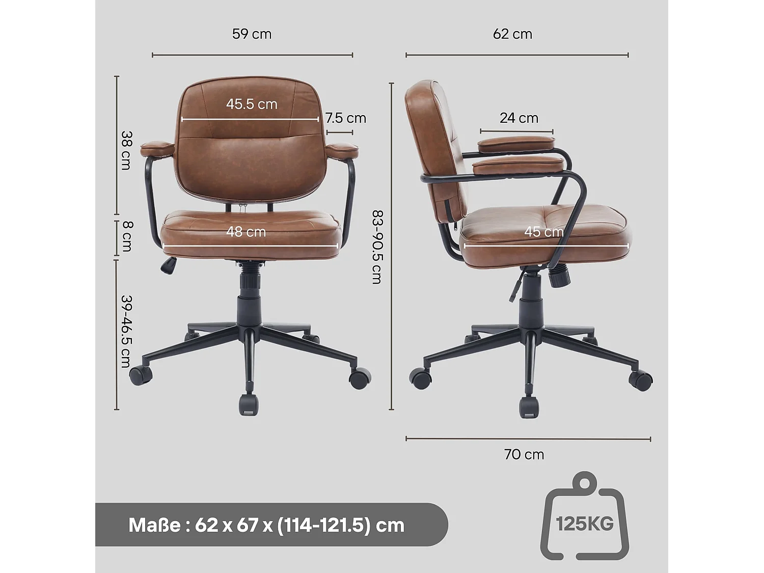 Chaise de bureau en simili cuir vintage marron, fauteuil de bureau pivotant avec fonction basculante, style industriel rétro pour le télétravail