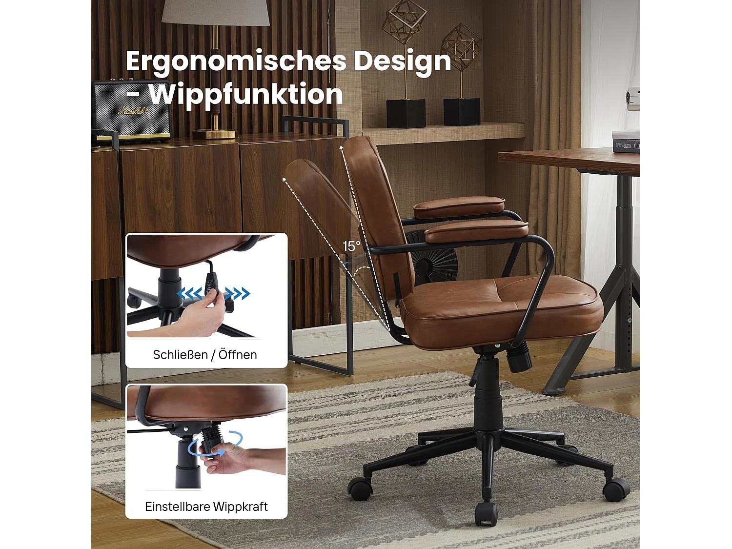 Chaise de bureau en simili cuir vintage marron, fauteuil de bureau pivotant avec fonction basculante, style industriel rétro pour le télétravail