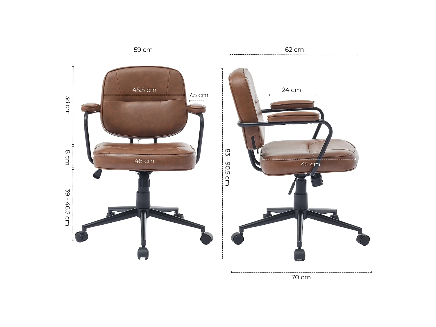 Chaise de bureau en simili cuir vintage marron, fauteuil de bureau pivotant avec fonction basculante, style industriel rétro pour le télétravail