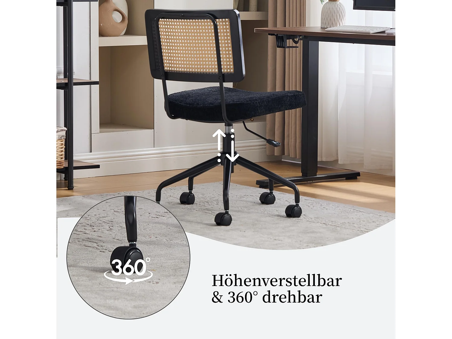 Bürostuhl Höhenverstellbarer Drehstuhl mit Holzrahmen Rattanrücken, Polstersitz, Metallgestell Akzentstuhl mit Rollen, für Home Office