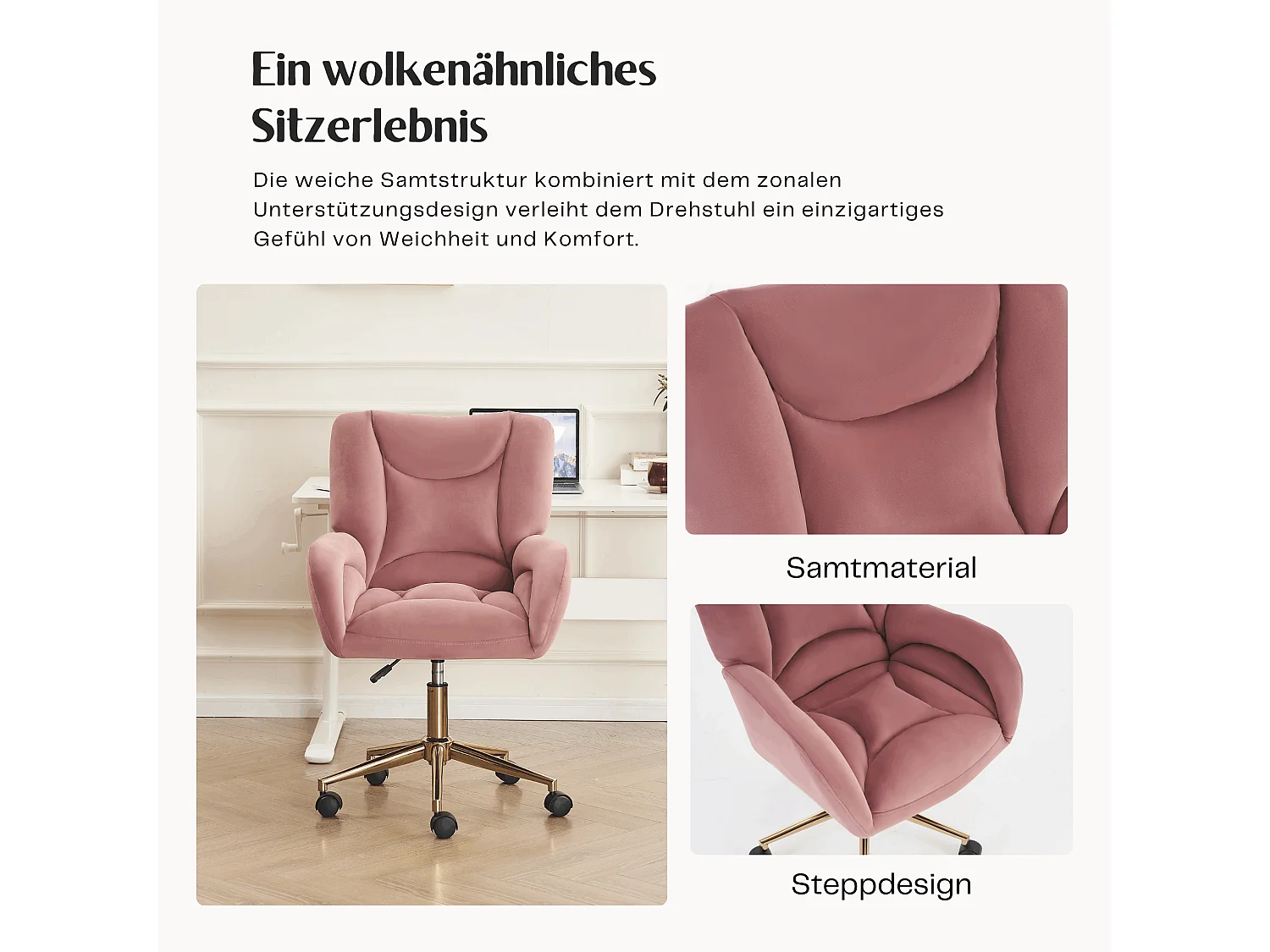 Chaise de bureau rose en velours avec réglage de la hauteur, accoudoirs et base en métal doré