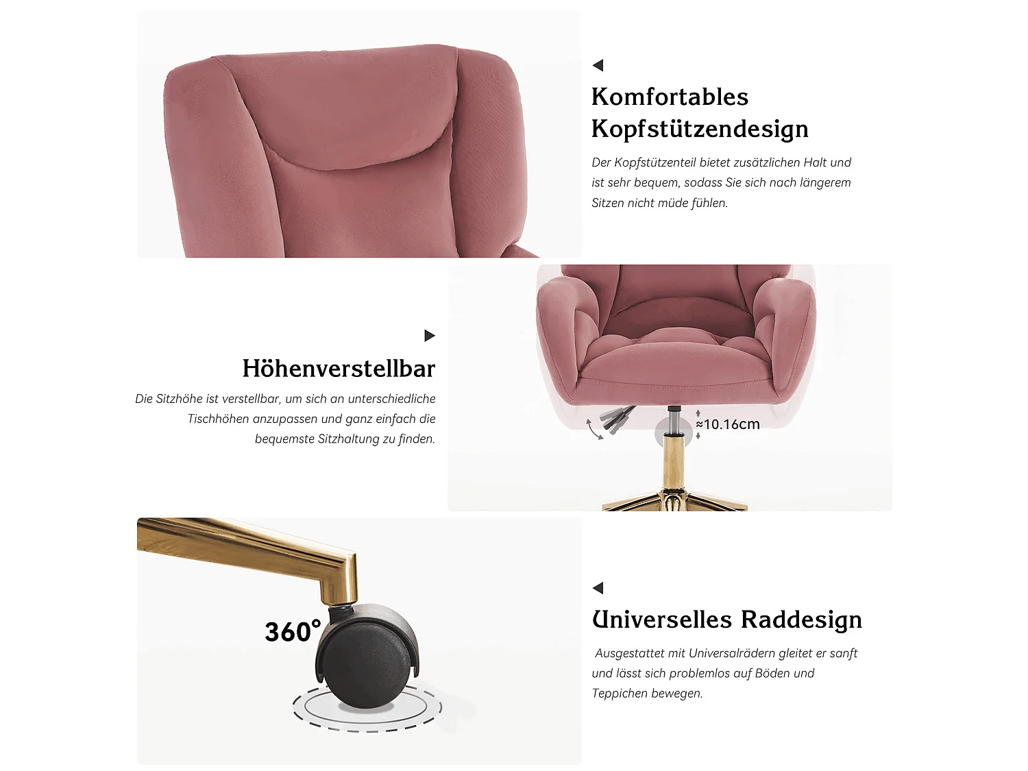Chaise de bureau rose en velours avec réglage de la hauteur, accoudoirs et base en métal doré