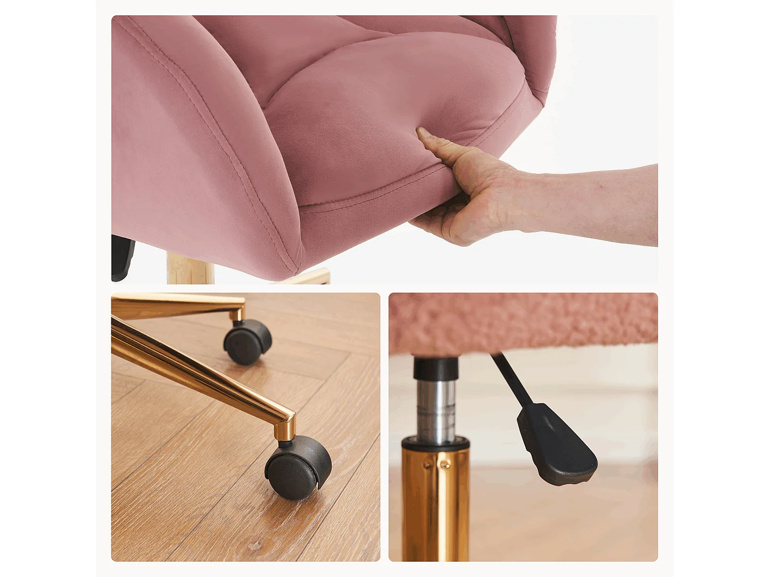 Chaise de bureau rose en velours avec réglage de la hauteur, accoudoirs et base en métal doré
