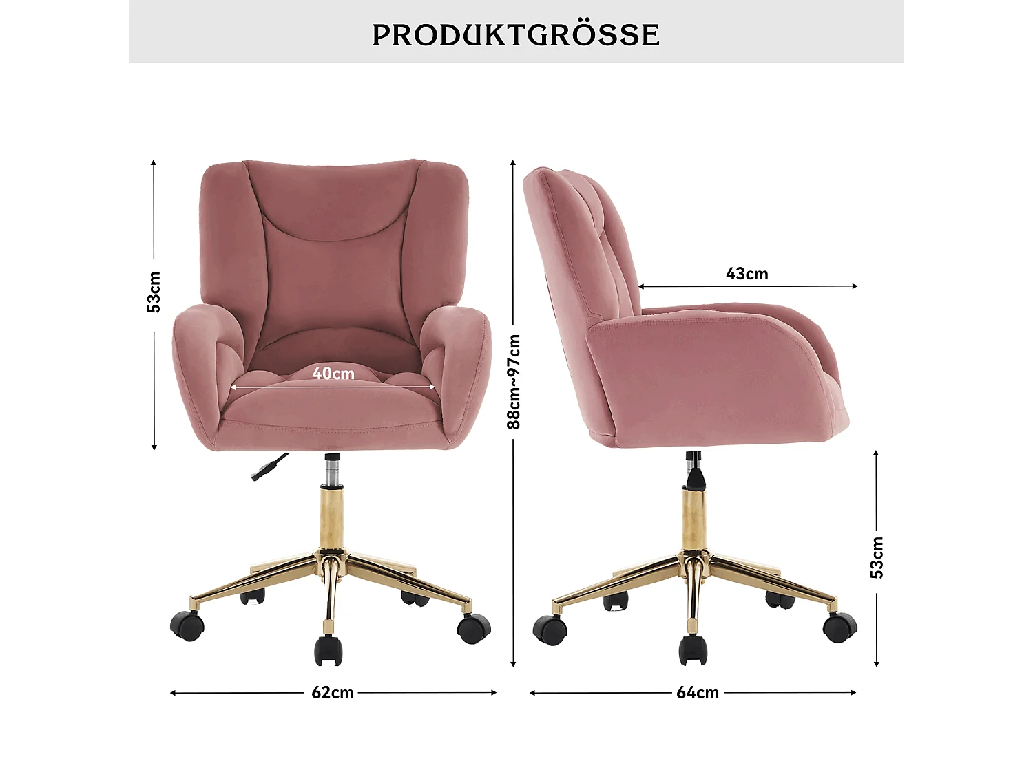 Chaise de bureau rose en velours avec réglage de la hauteur, accoudoirs et base en métal doré