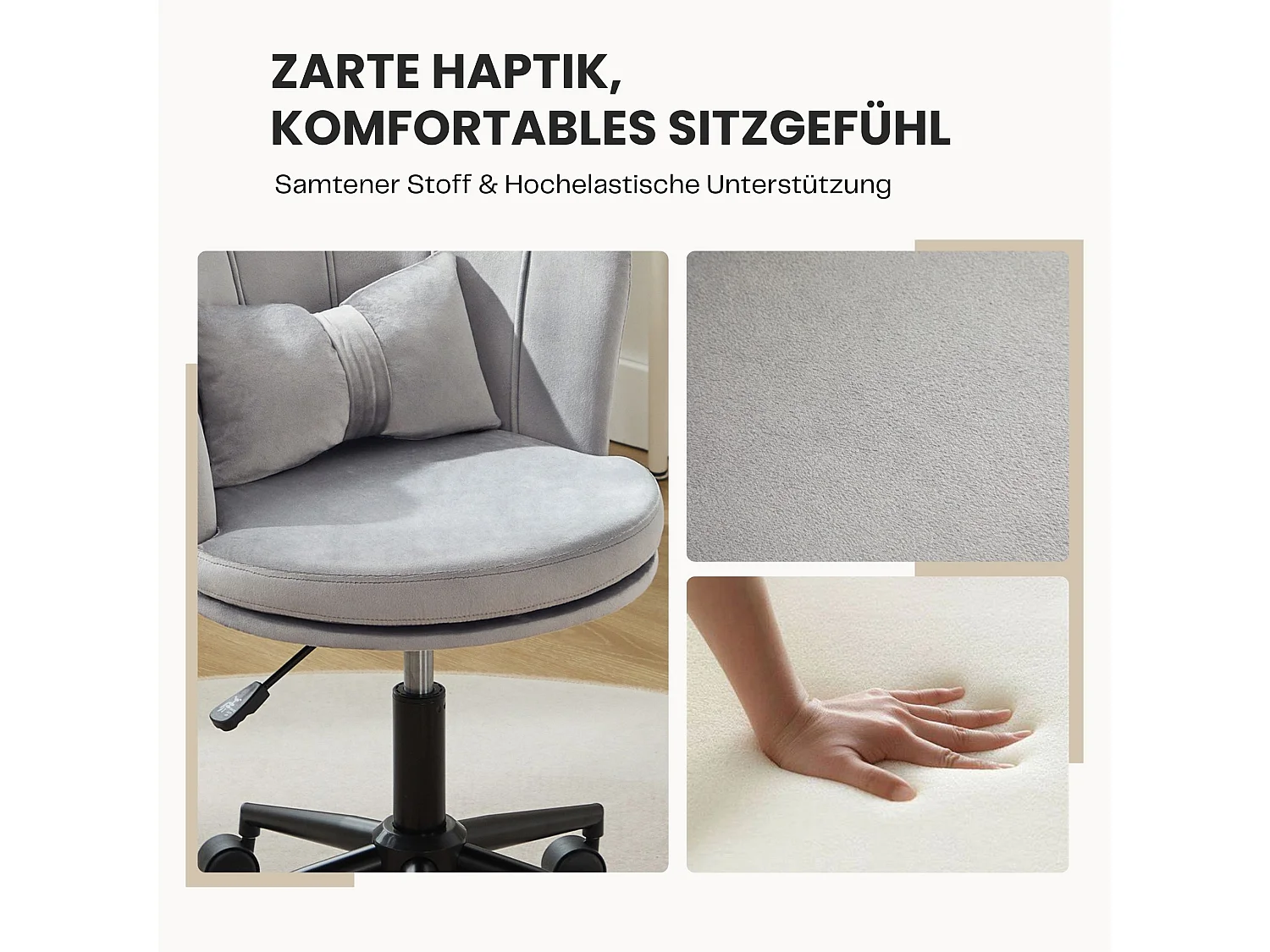 Höhenverstellbarer Bürostuhl ohne Armlehne Samt Drehstuhl mit Rollen, bis 100kg für Schlafzimmer