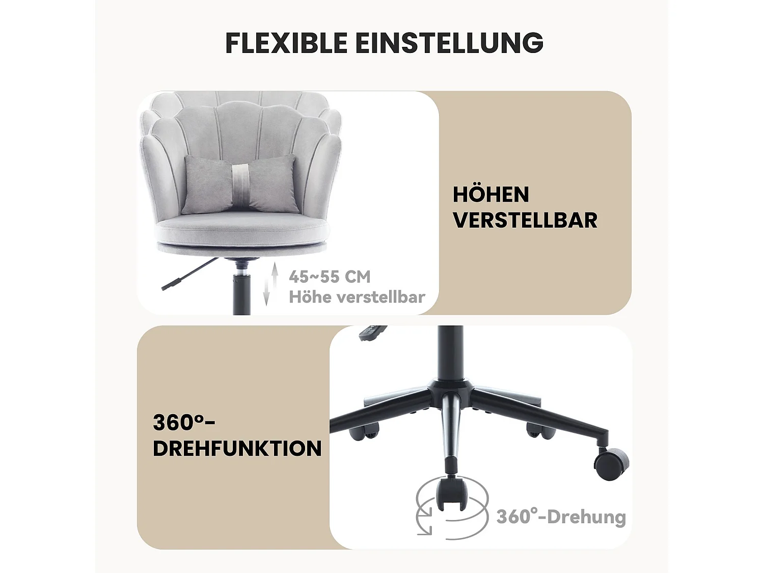 Höhenverstellbarer Bürostuhl ohne Armlehne Samt Drehstuhl mit Rollen, bis 100kg für Schlafzimmer
