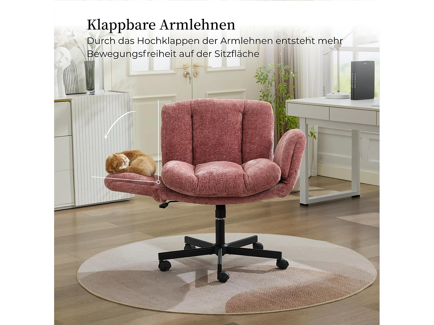 Chaise Chenille Criss Cross extra large avec accoudoirs pliables, réglable en hauteur, pivotante à 360° - Rose poudré