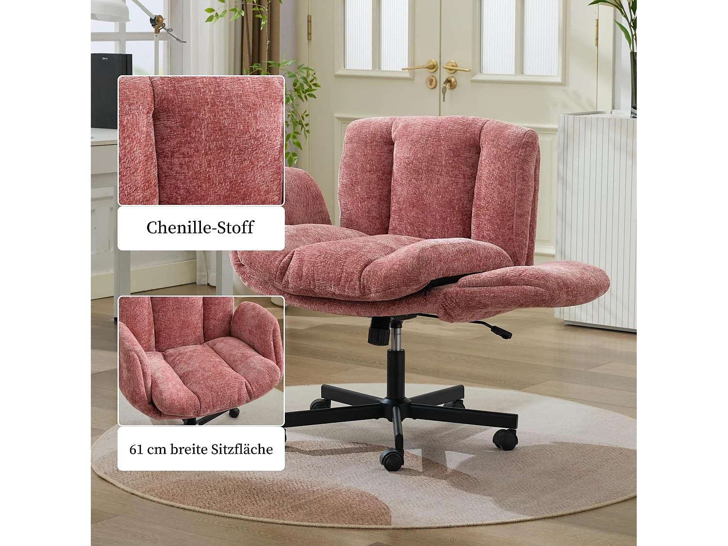 Chaise Chenille Criss Cross extra large avec accoudoirs pliables, réglable en hauteur, pivotante à 360° - Rose poudré