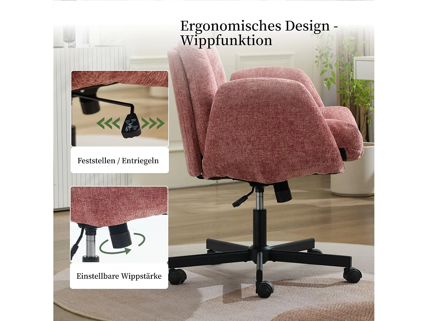 Chaise Chenille Criss Cross extra large avec accoudoirs pliables, réglable en hauteur, pivotante à 360° - Rose poudré