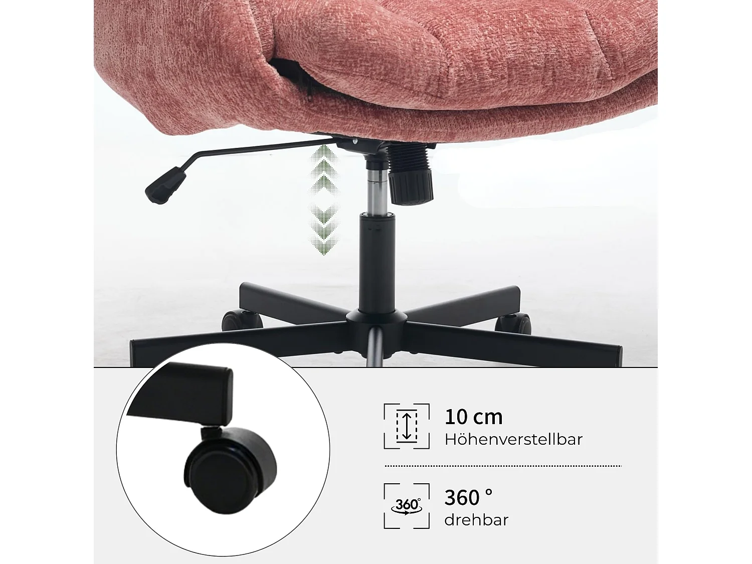 Chaise Chenille Criss Cross extra large avec accoudoirs pliables, réglable en hauteur, pivotante à 360° - Rose poudré
