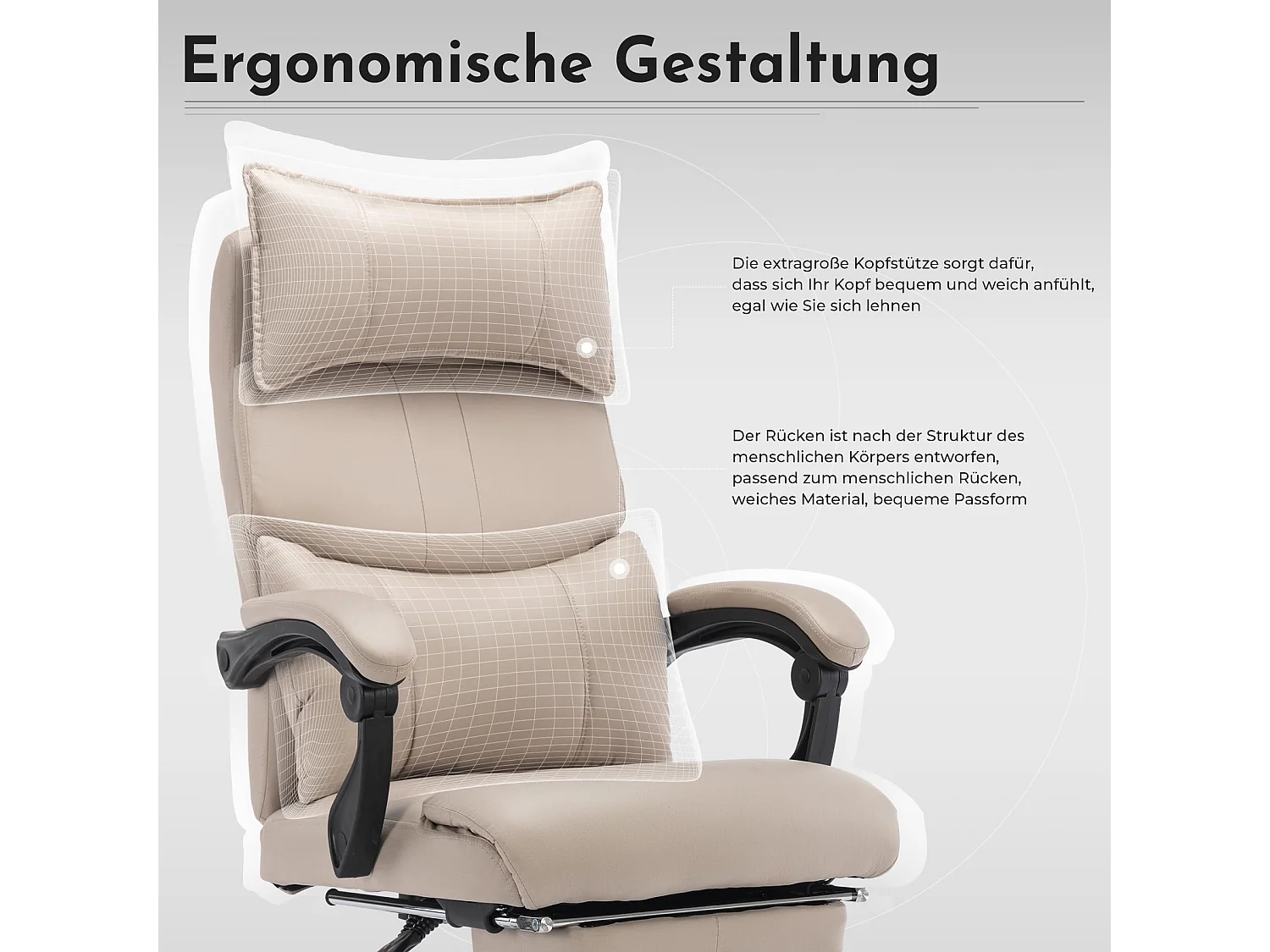 Ergonomische bureaustoel met voetensteun, hoofdsteun en lendensteun - 145° kantelbaar, in hoogte verstelbaar, draagvermogen 150 kg