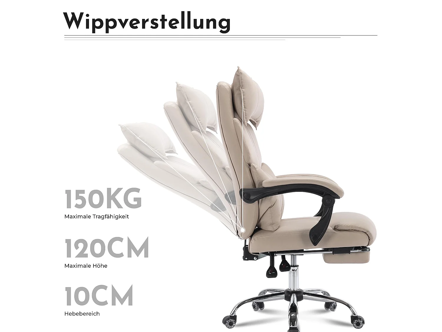 Ergonomische bureaustoel met voetensteun, hoofdsteun en lendensteun - 145° kantelbaar, in hoogte verstelbaar, draagvermogen 150 kg
