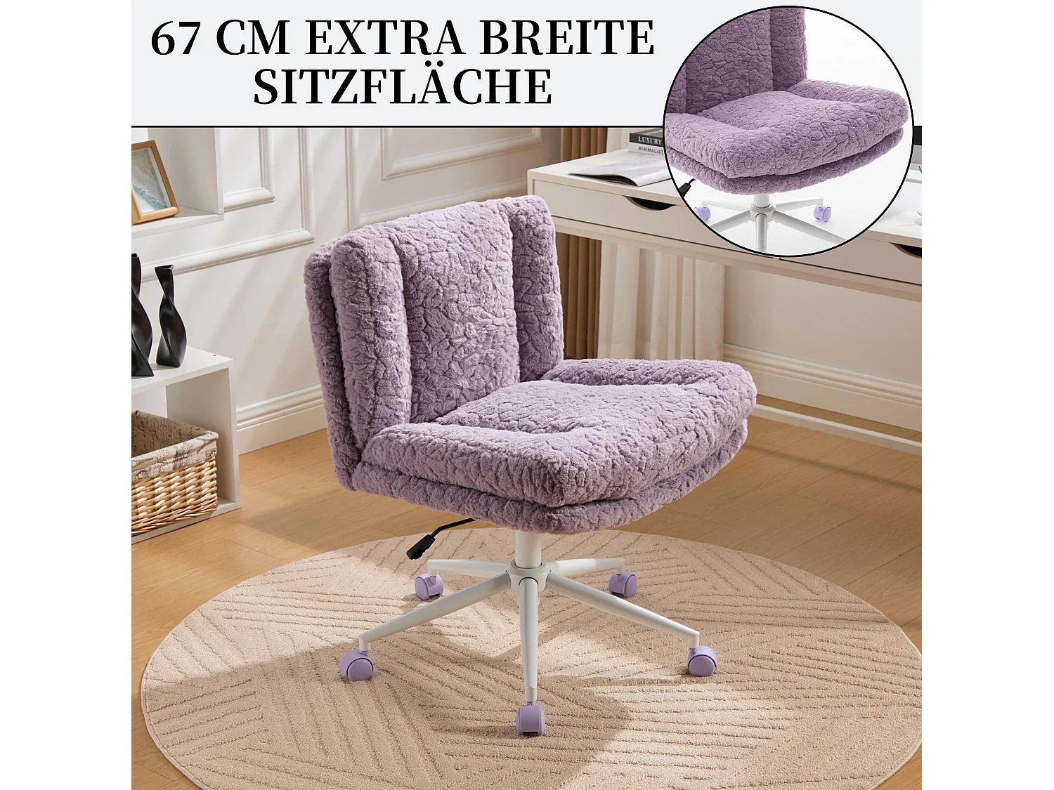 Bürostuhl mit 67 cm extra breiter Sitzfläche, höhenverstellbar und Wippfunktion, weicher Alpaka-Imitatstoff, moderner Schminktischstuhl für Büro und Schlafzimmer