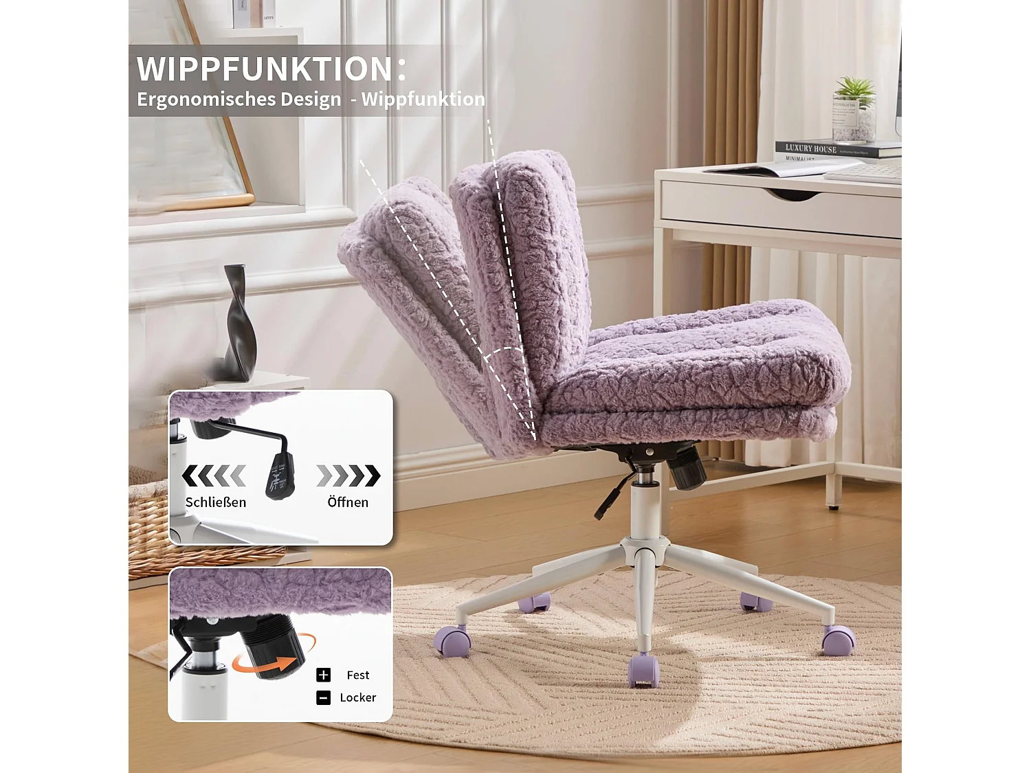 Bürostuhl mit 67 cm extra breiter Sitzfläche, höhenverstellbar und Wippfunktion, weicher Alpaka-Imitatstoff, moderner Schminktischstuhl für Büro und Schlafzimmer