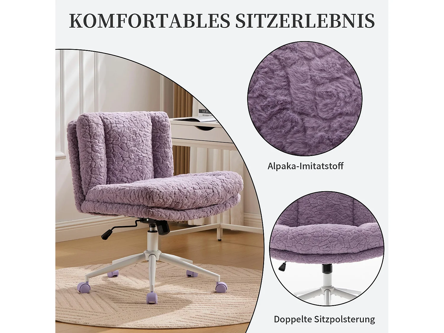 Bürostuhl mit 67 cm extra breiter Sitzfläche, höhenverstellbar und Wippfunktion, weicher Alpaka-Imitatstoff, moderner Schminktischstuhl für Büro und Schlafzimmer