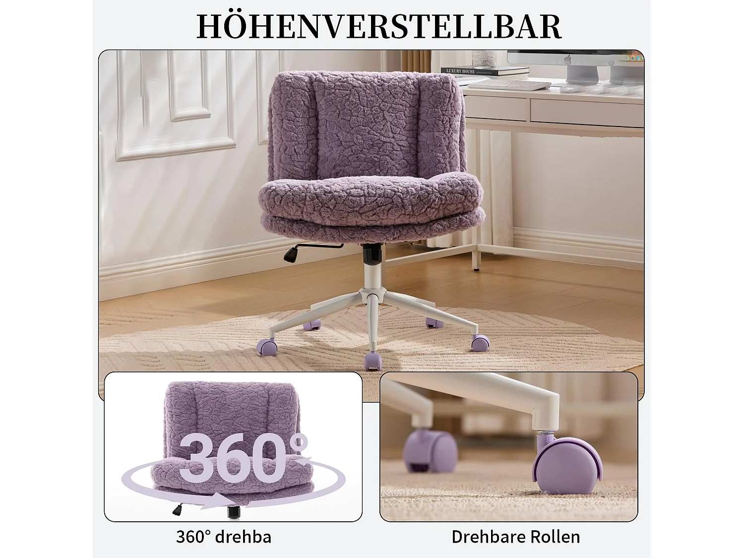 Bürostuhl mit 67 cm extra breiter Sitzfläche, höhenverstellbar und Wippfunktion, weicher Alpaka-Imitatstoff, moderner Schminktischstuhl für Büro und Schlafzimmer