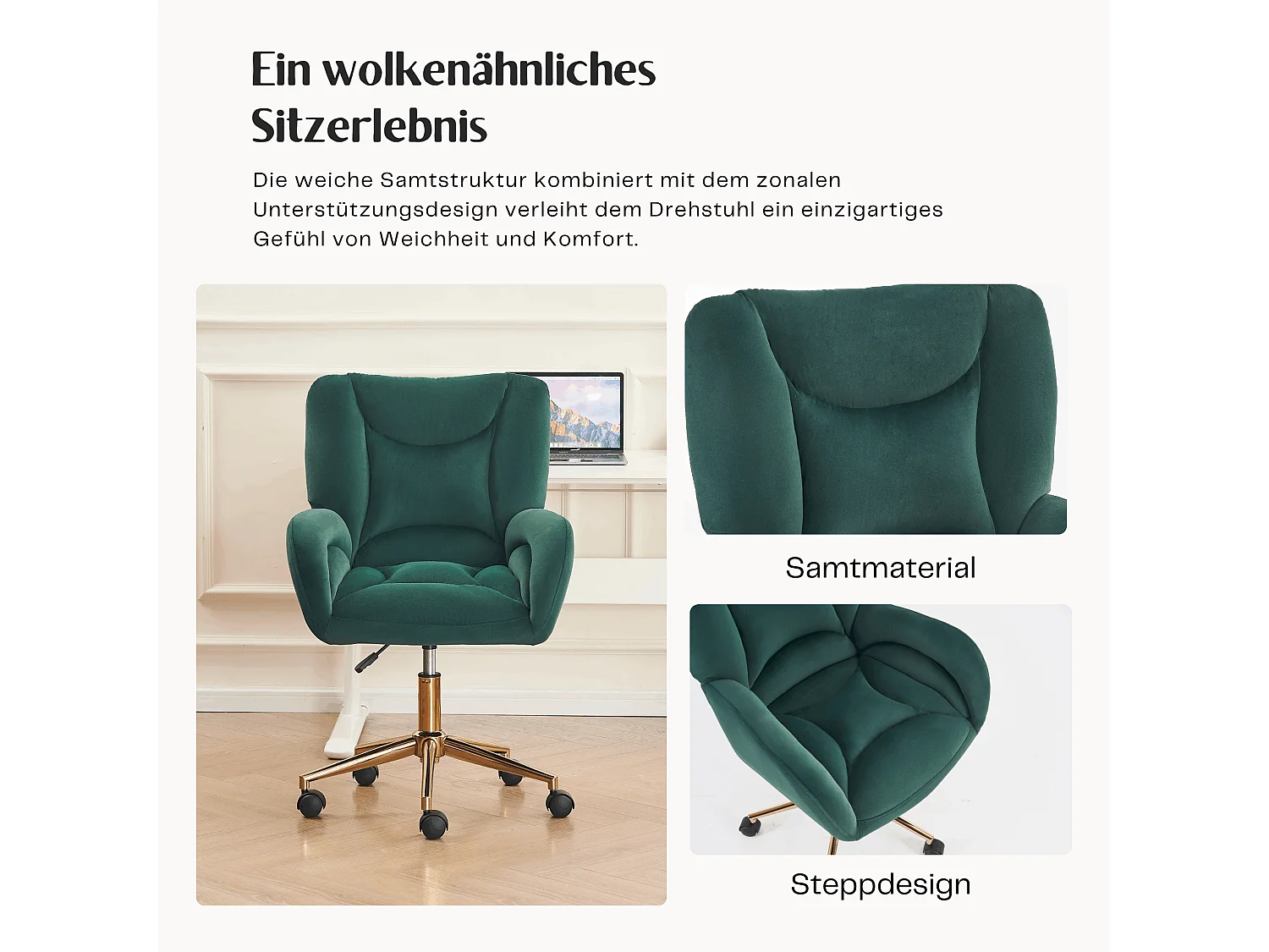 Drehstuhl mit Rollen, Homeoffice Stuhl Höhenverstellbarer Sessel mit Kreuzfüßen, Teddy Schreibtischstuhl mit Metallbasis und Steppdesign
