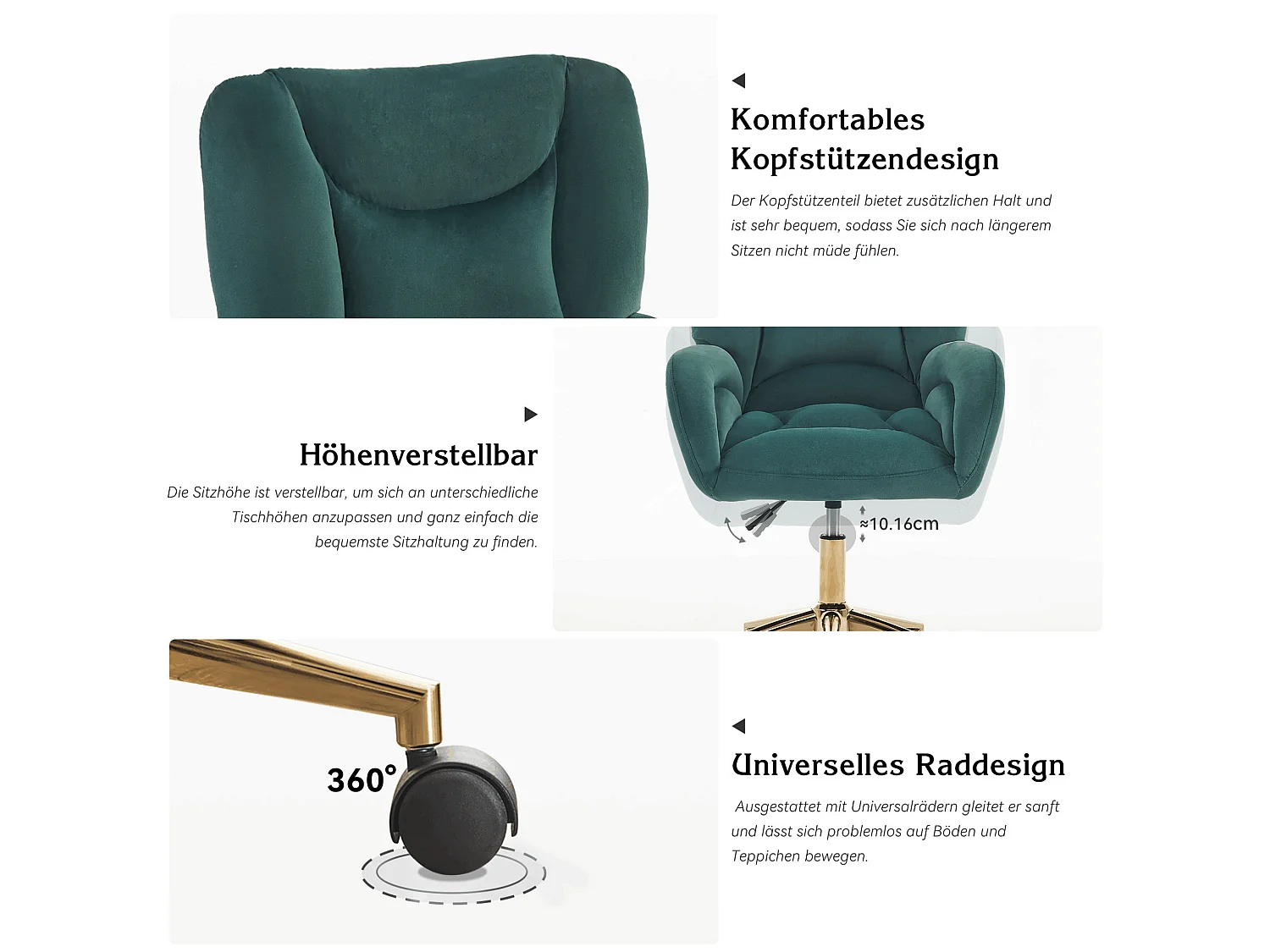 Drehstuhl mit Rollen, Homeoffice Stuhl Höhenverstellbarer Sessel mit Kreuzfüßen, Teddy Schreibtischstuhl mit Metallbasis und Steppdesign