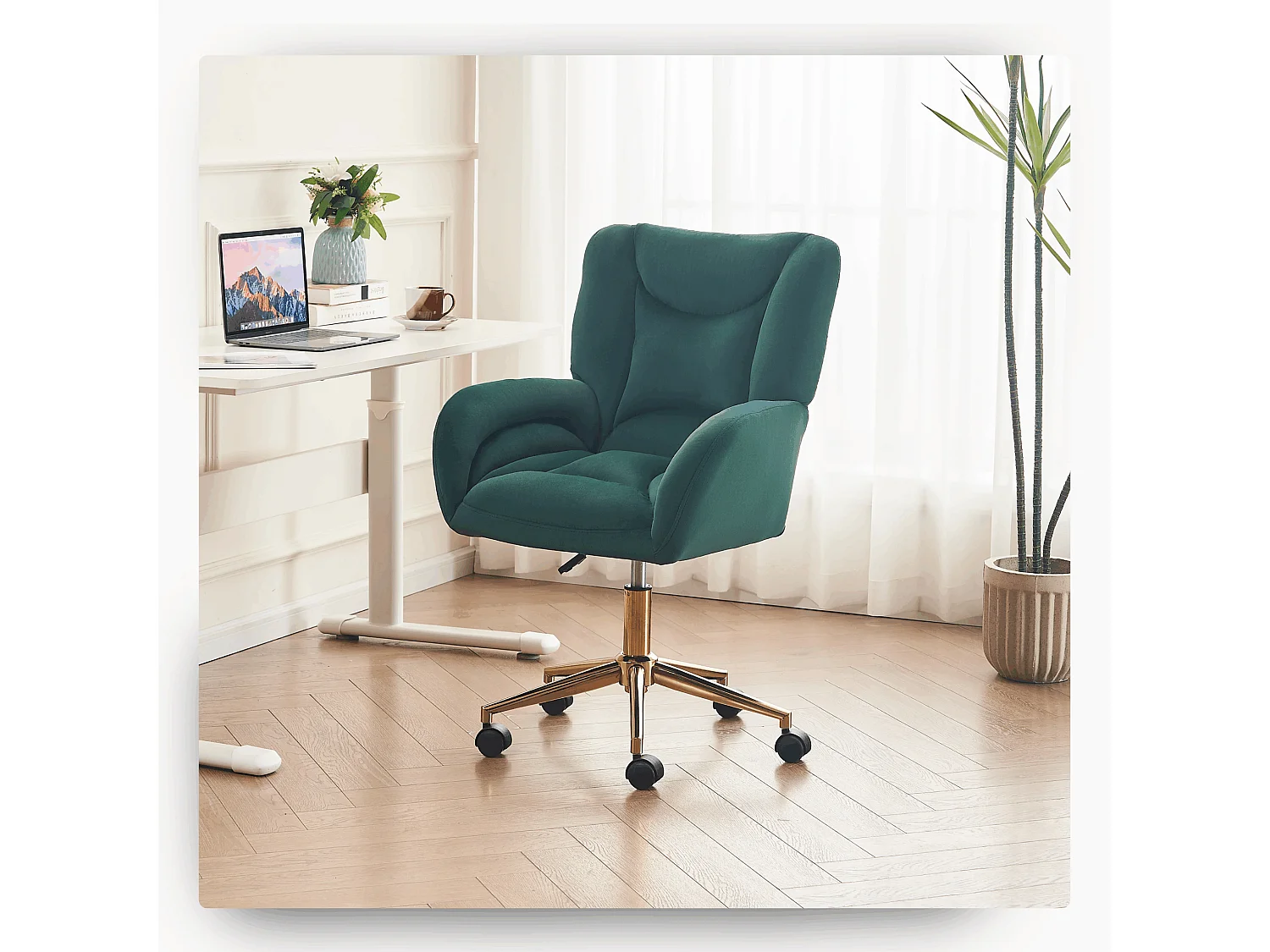 Drehstuhl mit Rollen, Homeoffice Stuhl Höhenverstellbarer Sessel mit Kreuzfüßen, Teddy Schreibtischstuhl mit Metallbasis und Steppdesign