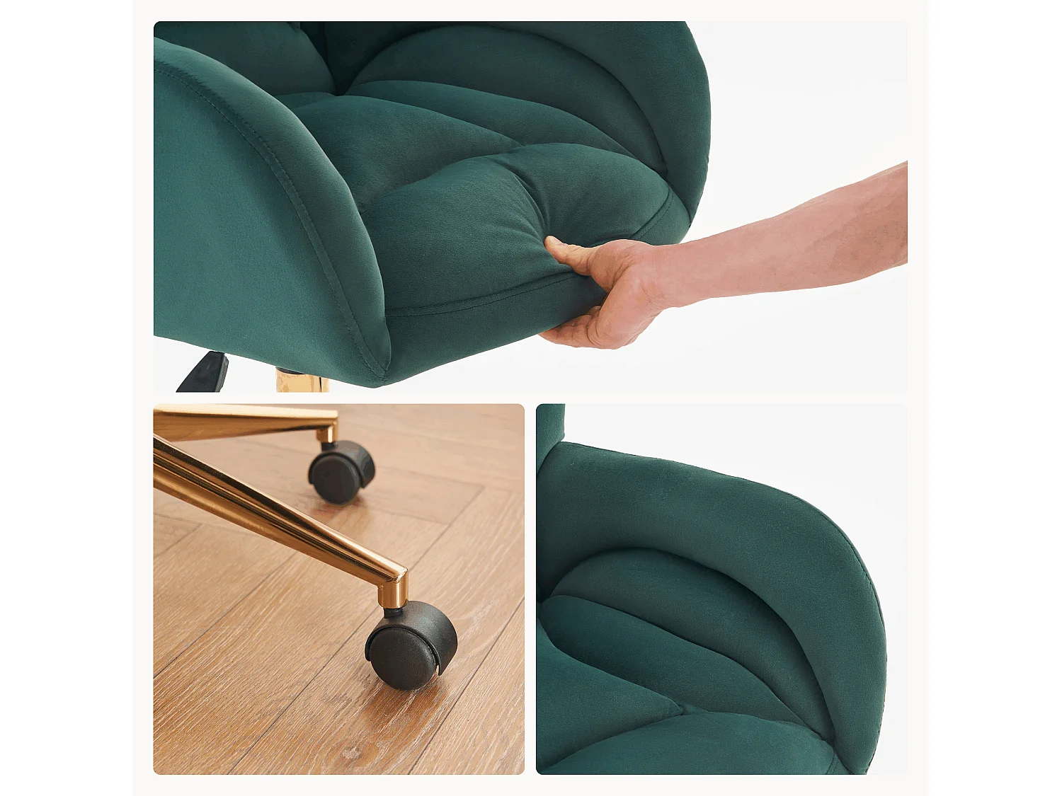 Drehstuhl mit Rollen, Homeoffice Stuhl Höhenverstellbarer Sessel mit Kreuzfüßen, Teddy Schreibtischstuhl mit Metallbasis und Steppdesign